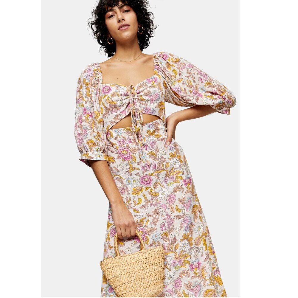 TOPSHOP Floral Cut-Out Sweetheart Midi Dress Size 12 Date Night Party b72